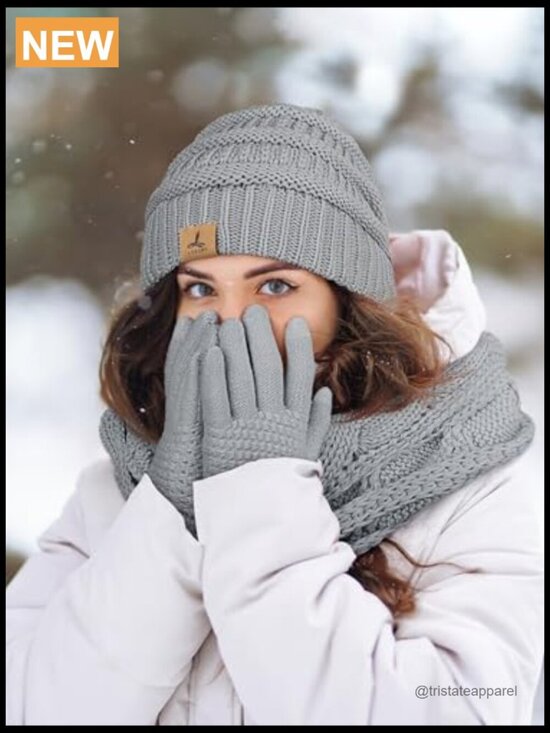 Winter Beanie Hat Scarf Gloves Set Warm Fleece Knit Touch Screen Gloves Unisex main image 6